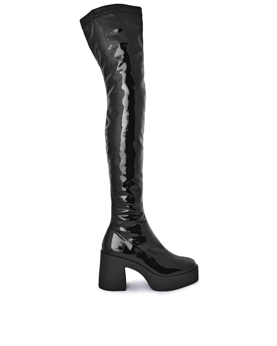 Yoshi Black Thigh-High Stretch Patent Boots